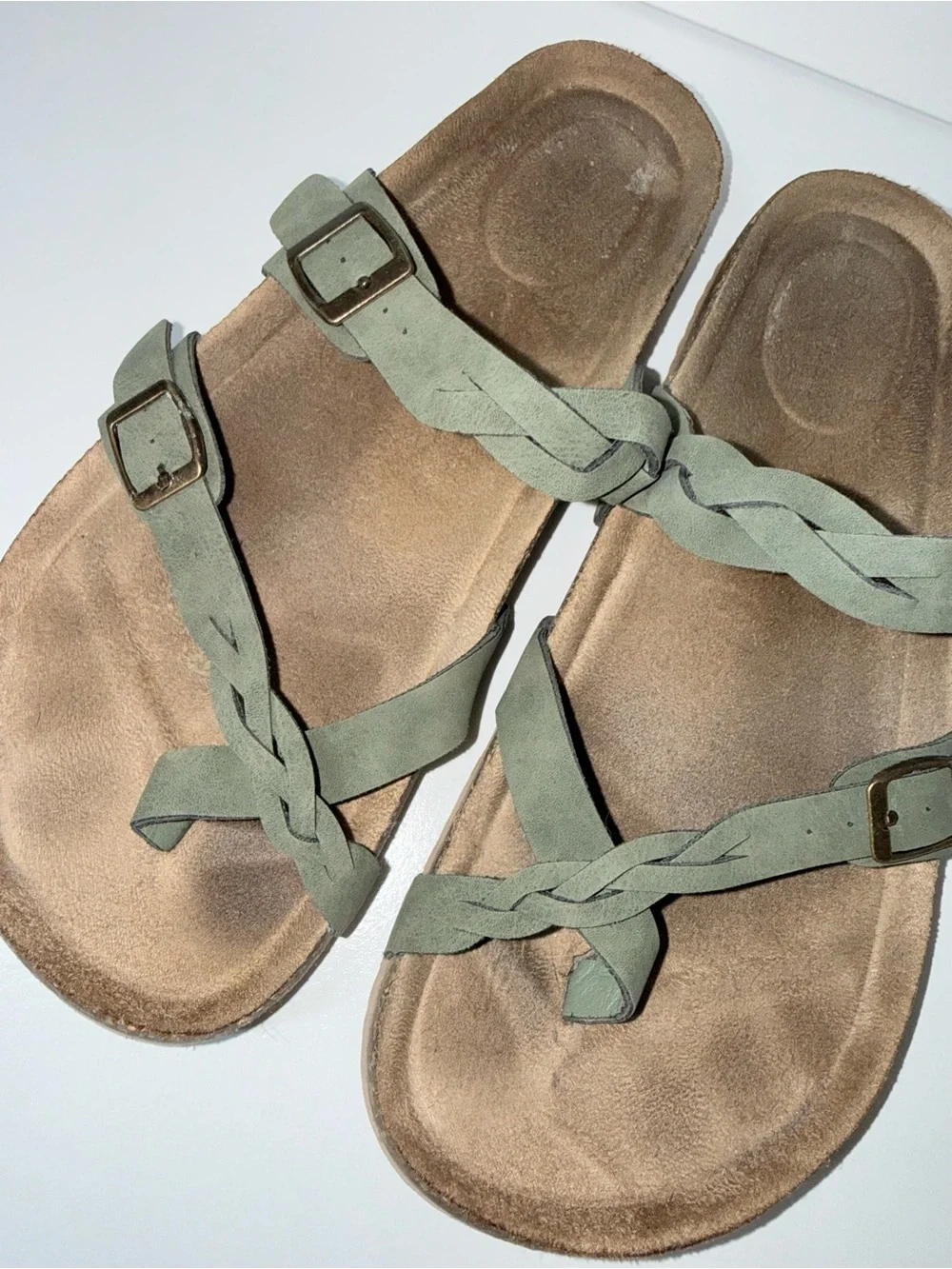 Maurices SuperCush Chloe Braided Cork Footbed Sandals Olive Green Buckle Size 8